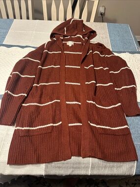 Pink Republic Rust Brown and Cream Hooded Knit Cardigan